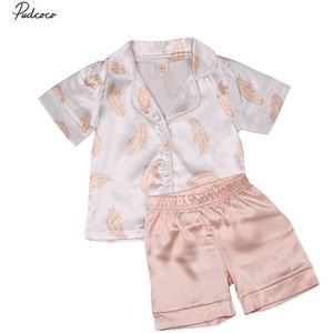 Kinderen Pyjama Sets Baby Jongens Meisjes Zijden Pyjama Nachtkleding Outfit Effen Veer Print Shirt + Broek Nachtkleding Set 2 Stuks 1-6Y