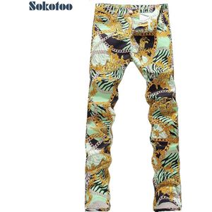 Sokotoo Herenmode Tijger Ketting Print Jeans Mannelijke Slim Fit Dunne Denim Broek Lange Broek