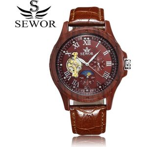 Sewor luxe vintage lmitation hout staal case tourbillon mechanische heren horloges lederen bandjes mode houten horloge