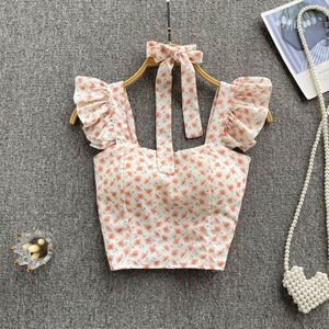 Singreiny Zomer Chiffon Backless Crop Tops Vrouwen Strapless Verstoorde Franse Elastische Taille Tank Top Dames Bloemenprint Hemdje