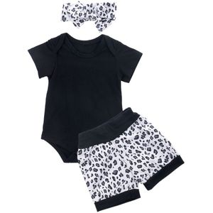 Zomer Baby Meisjes Casual Outfits Set O-hals Korte Mouw Effen Kleur Top + Luipaard Print Shorts + Strik Hoofdband 0-24M