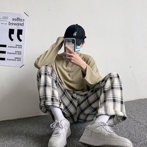 Mannen Casual Broek Plaid Losse Comfortabele Retro Alle-Wedstrijd Elastische Taille Ins Chic Wijde Pijpen Eenvoudige Mode Streetwear Koreaanse stijl