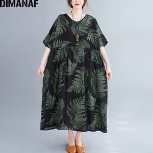 Dimanaf Plus Size Jurk Vrouwen Kleding Vintage Katoen Linnen Bladeren Print Elegante Dame Vestidos Zonnejurk Losse Lange Jurk Zomer