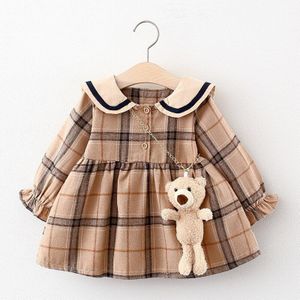 Met Beer Baby Meisjes Plaid Turn Down Kraag Hanger Herfst Kinderkleding Feestjurk Voor Meisje Winter Herfst