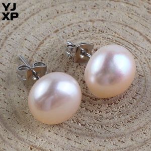 YJXP 11mm Ronde Kralen Licht Zwart/Wit/Roze/Grijs Zoetwater Parels Trendy Brood Vormige Stud Oorbellen charmes Sieraden 1 Paar