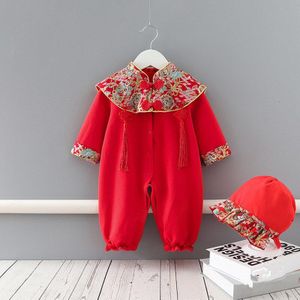 Chinese Traditionele Retro Stijl Baby Rompertjes Winter Jumpsuit Kinderen Kleding Jaar Christmas Party Bodysuit Katoen Hoed Sets