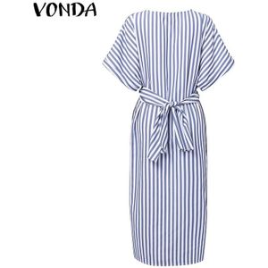 Vonda Gestreepte Moederschap Jurk Vrouwen Casual O Hals Korte Mouw Mid-Kalf Jurken Bohemian Beach Zonnejurk Losse Zwangerschap Vestidos