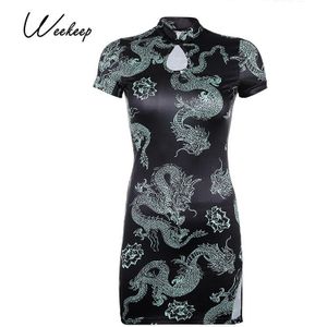 Weekeep Chinese Stijl Draak Print Mini Split Jurk Zomer Uitsnede Korte Mouw Bodycon Jurken Party Streetwear Kleding