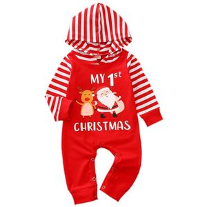 Pasgeboren Jongens Meisjes Kerst Jumpsuits Hooded Hals Streep Lange Mouw Cartoon Lange Romper Kleding