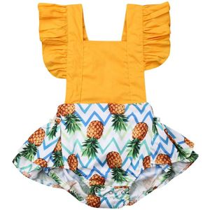 Summer Infant Kids Baby Meisjes Mooie Bodysuits Peter Mouw Ananas Print Ruches Backless Geel Jumpsuit 0-24M