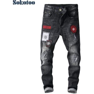 Sokotoo mannen mode flarden borduurwerk zwart denim jeans Patchwork geborduurde skinny broek