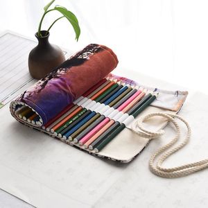 Briefpapier Canvas Handgemaakte Etui Tassen 36/48/72 Gaten Roll Pen Pouch Case Kantoorbenodigdheden Opbergdoos schooltas