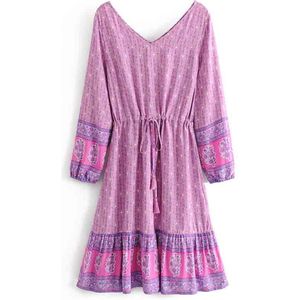 Boho Geïnspireerd lavendel lange mouw herfst jurk vrouwen knielange tassle gebonden taille V-hals boho jurk chic casual dress vrouwelijke
