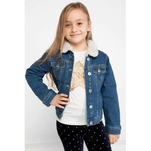 Defacto Mode Blauwe Meisje Korte Jean Jas Wol Revers Kraag Casual Jas Knop Meisjes Denim Jas Herfst-K6484A618WN