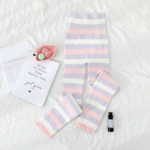 Japanse Pluche Slaap Slijtage Broek Vrouwen Winter Soft Warm Leuke Regenboog Gestreepte Roze Flanel Homewear Gebreide Casual Lounge Pyjama