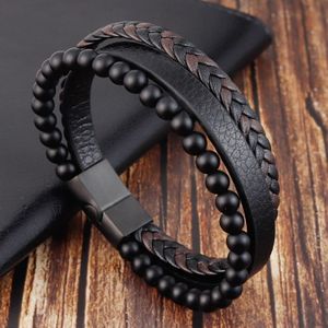 Natuursteen Vulkanische Steen Lederen Armband Roestvrij Staal Lederen Geweven Armband Multi-Layer Heren Titanium Stalen Sieraden