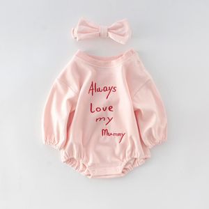 Baby Mode Brief Print Lange Mouwen Baby Bodysuit Casual Peuter Jumpsuit Met Bow Hoofdband 2 Stuks Baby Meisjes Kleding Set