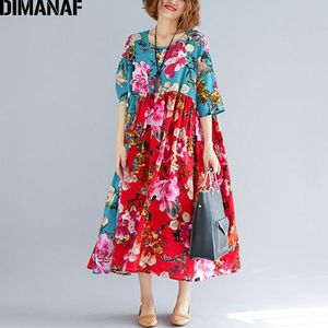 DIMANAF Vrouwen Zomer Jurk Plus Size Grote Kleding Femme Elegante Dame Vestidos Print Bloemen Casual Oversized Geplooide Losse Rode