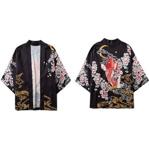 Gonthwid Kimono Vest Jassen Shirts Heren Karper Koi Cherry Blossoms Print Japanse Open Voorzijde Shirt Causale Yukata Tops