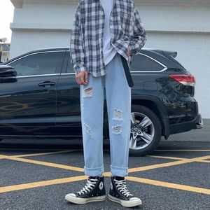 Bxyichen Ripped Enkel Jeans Mannen Straight Losse Regelmatige Stijl Koreaanse Trendy Wijde Pijpen Licht Blauwe Lange Broek