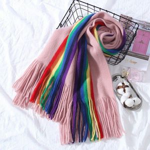 Vrouwen Meisjes Regenboog LGBT Verticale Gestreepte Patchwork Oversized Sjaal Met Kwastjes Winter Warme Deken Wraps 190*40cm