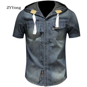 Zomer Europese Stijl Katoenen Hooded Bomber Korte Mouw Blauw Dunne Denim Shirt Mannen Jean Jas Streetwear Mode Cowboy Kleding