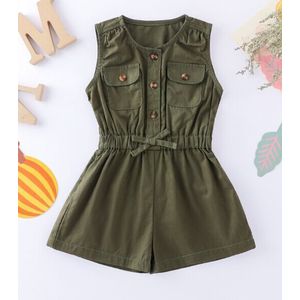 Meisjes Mouwloze Jumpsuit Peuter Legergroen Crew Neck Button Elastische Riem En Lace Up Pocket Romper