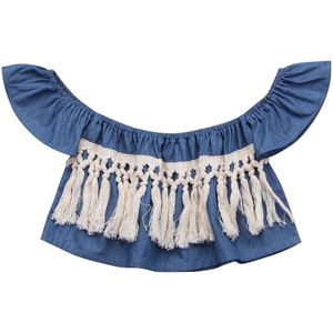 Pasgeboren Kids Baby Gilrs Denim Off Shoulder Blouse Zomer Peuter Baby Meisje Patchwork Kwastje Korte Blouses Top