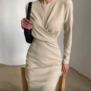 Cryptografische Elegante Lange Mouwen Mode Outfits Midi Jurken Voor Vrouwen Office Lady Wrap Jurk Effen Basic Kleding
