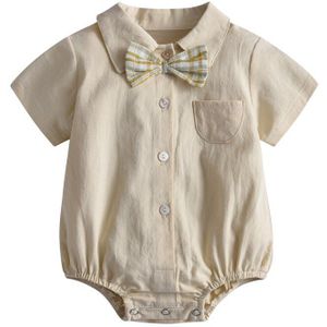 Toddler Baby Boy Romper Summer Casual Solid Bow Lapel Bodysuits for Infants Cotton Short Sleeve Kids Clothes Boys Costumes