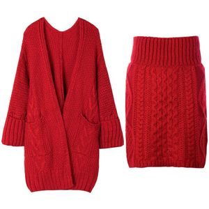 Neploe Herfst Winter Trui Sets Twist Dikke Medium-Lange Vest + Stretch Taille Mini Rok Rode Gebreide Plus size Suits