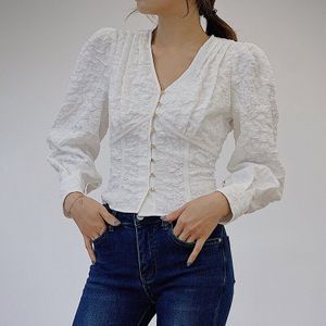 Twotwinstyle Vintage Gedrukt Shirt Voor Vrouwen V-hals Puff Mouwen Casual Tuniek Blouse Vrouwelijke Fall Kleding Tij