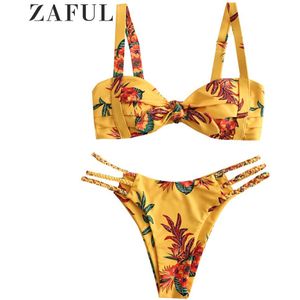 Zaful Plant Print Gevlochten Strappy Plisse Bikini Badpak