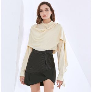 Twotwinstyle Geel Shirts Voor Vrouwen Stand Kraag Lange Mouwen Grote Maat Ruches Losse Minimalistische Blouses Vrouwelijke Fall Stijl