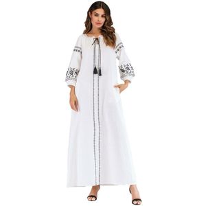 Borduurwerk Elegante Maxi Jurk Voor Vrouwen Herfst Kwastje Hals Lange Mouw Ramadan Gown Eid Arabische Dubai Abaya Kaftan Robe VKDR1952
