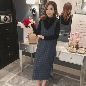 Moederschap dragen herfst en winter plaid jurk stand kraag trui tweedelige Koreaanse mode zwangerschap pak