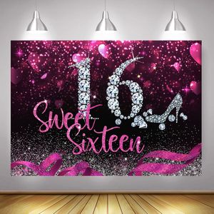 Zoete 16 Verjaardag Achtergronden Voor Party Roze Meisje Zestien Volwassen Ceremonie Fotografie Achtergrond Glitter Diamond Banner Photocall