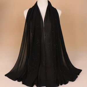 1Pc Black Monochrome Dunne Ademende Hijab Mode Bestrooid Goud Sequin Pearl Chiffon Tulband