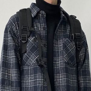 Japanse Mode Retro Wollen Tooling Plaid Shirt Voor Mannen Katoen Turn-Down Kraag Knoppen Lange Mouw Losse Ongedwongen Harajuku