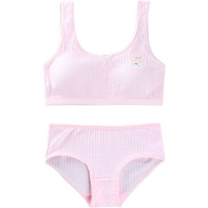 Puberteit Tieners Meisjes 2Pcs Sport Ondergoed Set Geribbelde Cute Bear Print Zoete Strik Padded Wirefree Training Beha En Bijpassende hi