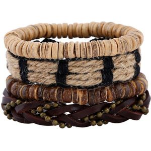 Punk Vintage Mode Man Armband Set Gevlochten Lederen Polsbandjes Multi-layer Bedels Kralen Wrap Bangle Etnische Retro Vrouw Sieraden