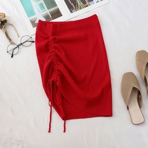 Onregelmatige Hoge Taille Elastische Korte Rok Strak Pakket Hip Side Trekkoord Gebreide Mini Rok Sexy Mode Straat
