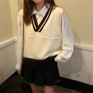 Trui Vest Vrouwen Preppy Stijl Vrouwelijke Kleding Mouwloze Alle-Match Trendy Patchwork Basic Studenten Ins Cropped Dagelijks