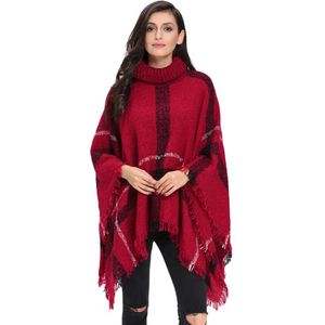 [Visuele Assen] Plus Size Winter Warm Vrouwen Wollen Coltrui Mouwloze Truien Vintage Plaid Gebreide Trui Poncho