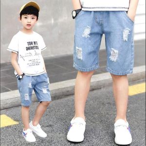 Denim Shorts Voor Kid Jongen Zomer Ripped Jean Korte Kinderen Casual Lichtblauw Effen Jeans Broek Kinderen Denim Broek 110-160 Cm