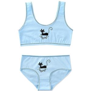 Tieners Jonge Meisjes 2 Stuks Ondergoed Set Leuke Zwarte Kat Afdrukken Brede Band Training Beha Gestreepte Vest Top En Bijpassende slipje Sport U