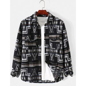 Mens Retro Etnische Tribal Patroon Revers Lange Mouwen Shirts Camisa Masculina Casual Ontspannen Fit Button Up Shirt Jasje