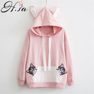 H. SA Nieuwkomers Vrouwen Hooded Truien Dieren Kat Borduurwerk Hooded Pull Katoen Lente Tops Bovenkleding Kat Pull Femme