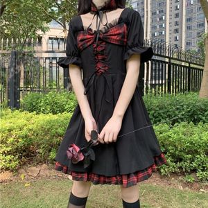 Victoriaanse Renaissance Gothic Lolita Jurk Japanse Vintage Plaid Bow Lace-Up Ruches Meisjes Mini Jurk Vrouwen Zwarte Punk Jurken