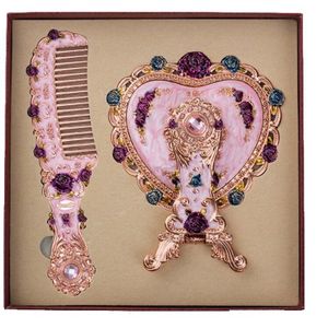 Europese Luxe Vintage Hart Vorm Hand Spiegel Gouden Make-Up Spiegel Frame Pocket Spiegel Set Haar Kam Cadeau Voor Meisje